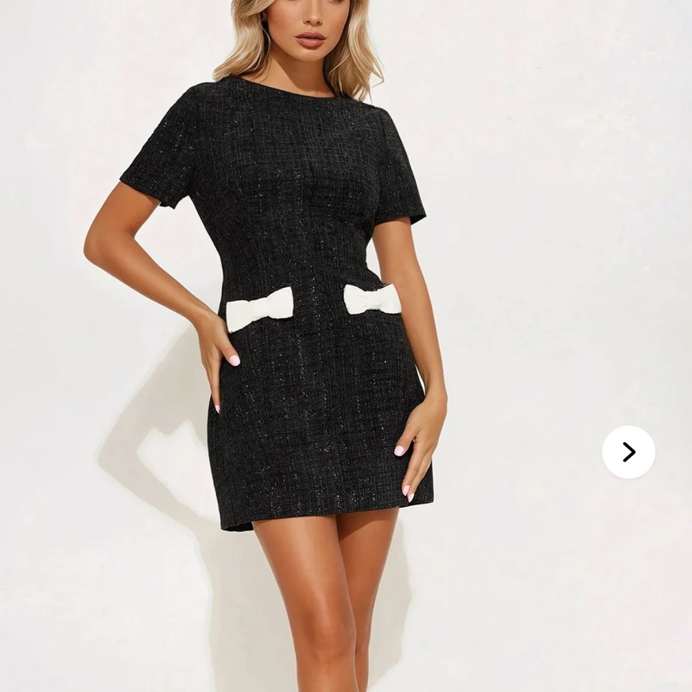 Mad Men style Tweed Mini Dress with White Bow Pocket Detail